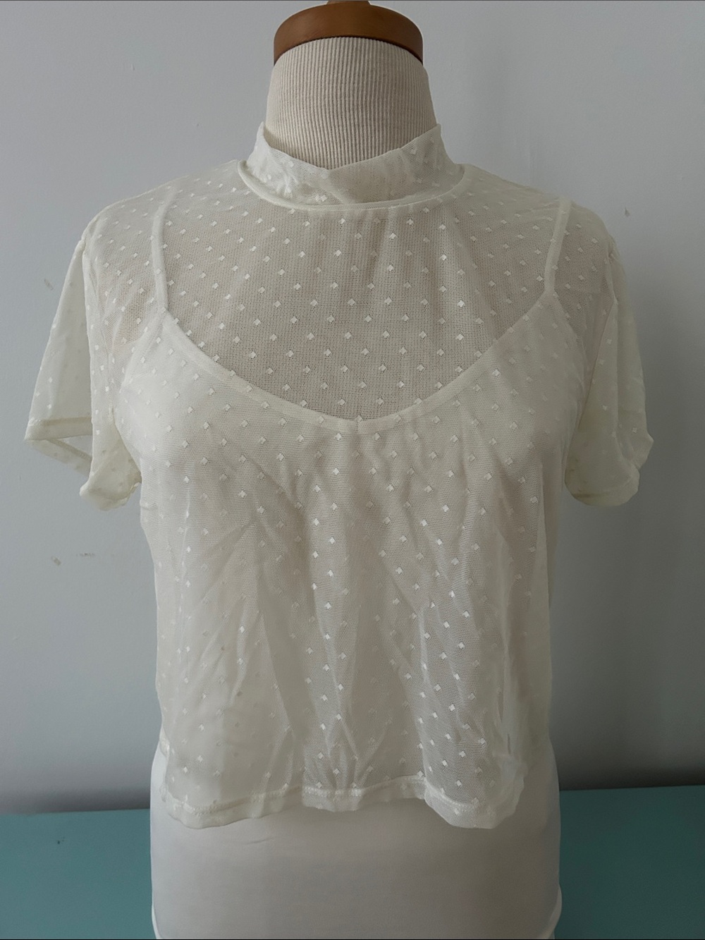 Cotton On White Sheer Dot Mesh Mock Neck Camisole Top